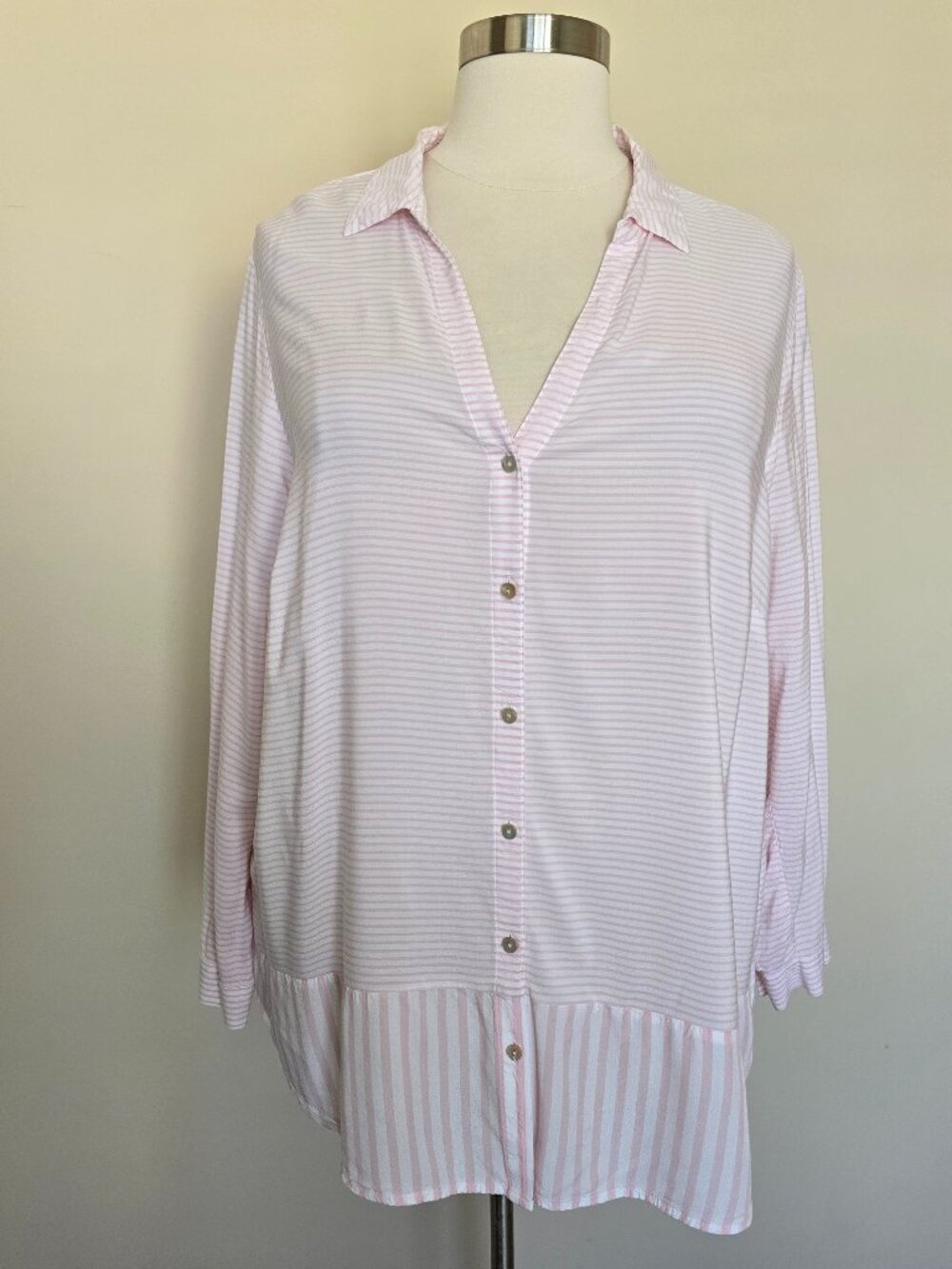 J Jill Plus Size 3X Pink White Striped Button Up V-Neck Long Sleeve Shirt Top